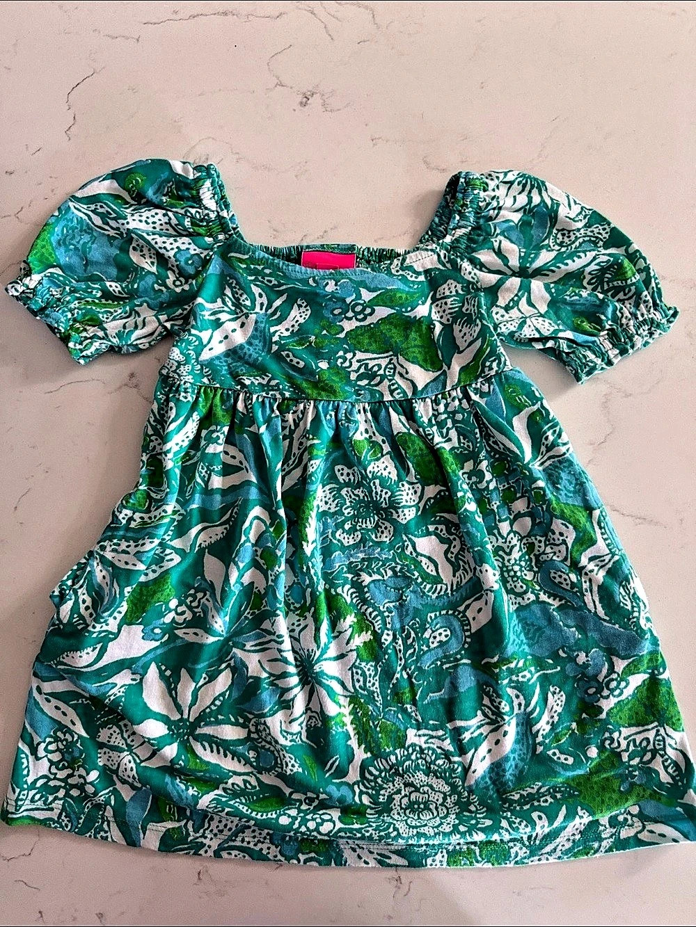 Lilly Pulitzer Floral Puff Sleeve Dress in Green & Blue Size XS 2-3